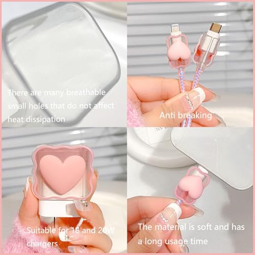 Image of ElectroGlimpse Charger Cable Protectors for iPhone Chargers 18W 20W Type C, 3D Cute Protective Case Cover Cartoon Style Fully Charger & Adaptor Protection Set-1 (Pink Heart)