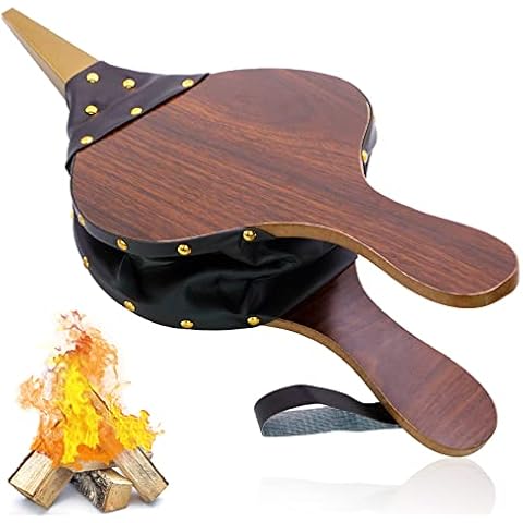Wood Fireplace Bellows 17''x7.5'' with Hanging Leather Strap, Brown Air Bellower for Outdoor BBQ and Camping Cover