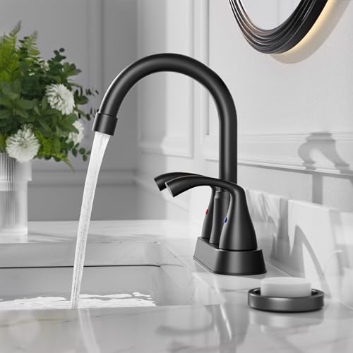 Phiestina Matte Black Bathroom Sink Faucet, 4 Inch Centerset 2 or 3 Holes Modern Vanity Faucet with 360 Swivel Spout, Metal Pop Up Drain and Water Supply Lines, JC180-MB