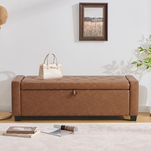 Image of Huatean Home 48 inch Ottoman with Storage, Storage Ottoman Bench with Safety Hinge, Upholstered Entryway Bench with Seating for Bedroom, Living Room, Holds up to 330 lb, Brown