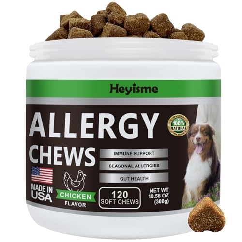HEYISME Dog Allergy Relief Chews, Itch Relief and Probiotics for Dogs, Fish Oil Omega 3, Seasonal Allergies, Itchy Skin Relief, Anti Itch Treats, Immune Health Supplement (Chicken, 120 Chews)