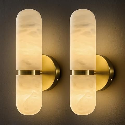 BlesULuk Natural Alabaster Brass Wall Sconce: Set of 2 Modern Stone Bathroom Lights — $349.99 (5% off)