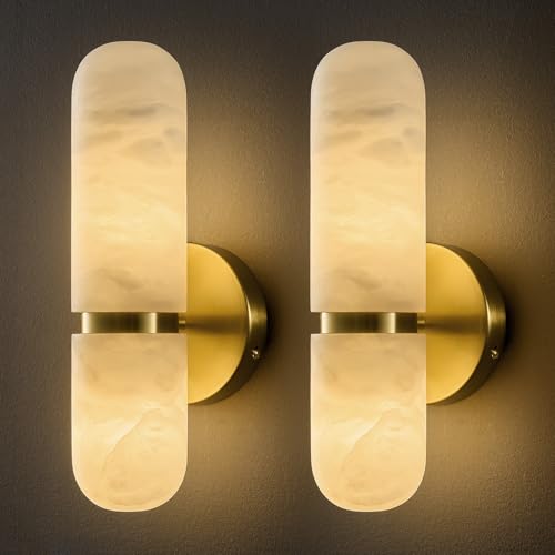 Natural Alabaster Brass Wall Sconce - Set of 2 Modern Luxury Spanish Stone Cylinder Sconces with Bulb - Brushed Gold Indoor Dimmable Lighting Fixture - Vanity Decor Light for Bedroom Bathroo