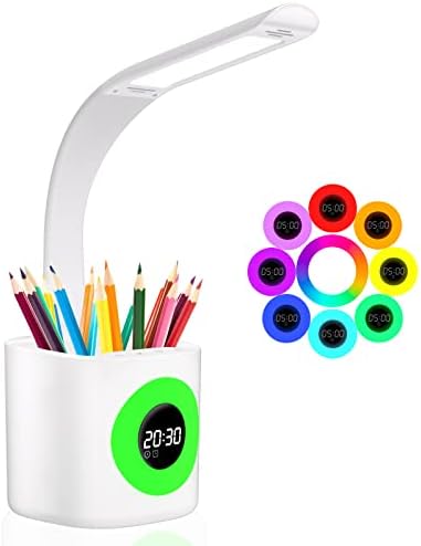 YOUKOYI LED Desk Lamp, Desk Lamps for Home Office, 10W Dimmable Study Desk Light with Pen Holder&Colorful Night Light&Clock, Kids Desk Lamp- 4 Lighting Modes&5 Brightness Level, Eye-Care Reading lamp