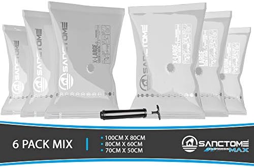 SANCTOME Deluxe Compression Max Reusable Airtight Vacuum Storage Bags With Hand Pump Perfect For Underbed Storage Solutions, Vacuum Storage Bags For Clothes, Moving Bags 6 Pack (2M, 2L, 2XL)