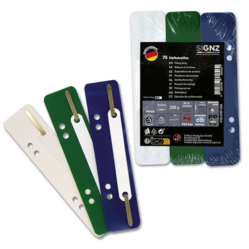 SIGNZ Heftstreifen Kunststoff (PP), 75 Stück, 25 x 3 Farben, recycelbarer Kunststoff (PP), CO2-neutral hergestellt, made in Germany (75 Stück, dunkel-blau, grün, weiß)