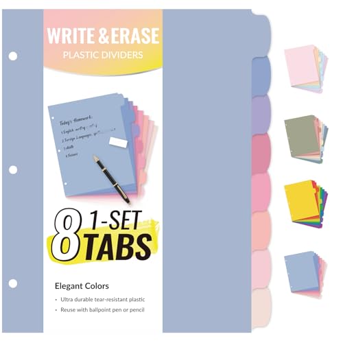 Sooez 8 Tabs Plastic Write & Erase Binder Dividers with Tabs, 1 Set