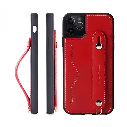 iPhone 14 Pro Max ケース 本革 グリップケース レザー ストラップ付属 イタリア製牛革 ヌメ革 片手操作 カード収納 スタンド機能 メンズ レディース レッド CGH-14ProMax-Red