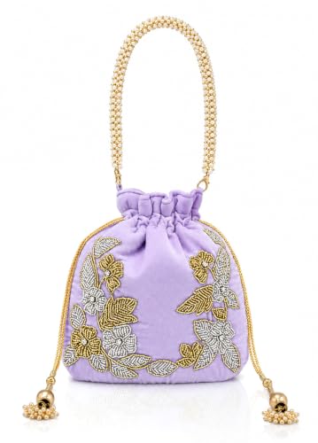 Image of Velvet Potli Bag with Golden & Silver Beaded Flower Embroidery - Handcrafted Ethnic Drawstring Bag for Weddings, Parties & Festive Gifts - Beaded Handle & Tassels for Women