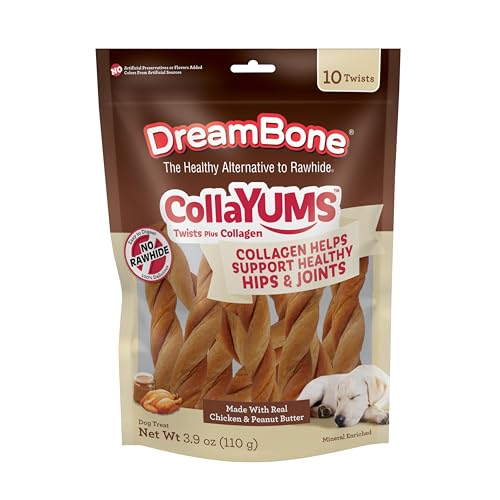 DreamBone CollaYUMS Twists Plus Collagen Chews for Dogs, 10 Count, Treat Your Dog to Rawhide-Free Chews Made with Chicken, Vegetables and Peanut Butter