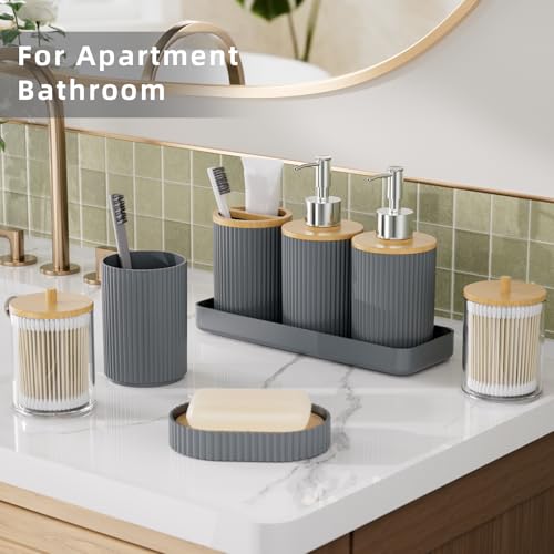 10PC Bathroom Accessories Set - Grey and Wooden Bathroom Sets, Bathroom Accessory Set with Pop Up Trash Can, Toilet Brush, Trash Can, Qtip Holder & Soap Dispenser by InnJoey - Used condition - Image 7