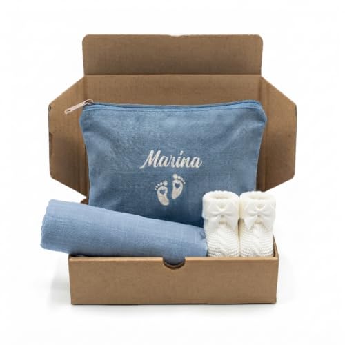 Caja Regalo Bebé Personalizada con Nombre, Canastilla Recién Nacido con Manta, Neceser y Zapatillas, Regalo de Nacimiento para Bebé Niño o Niña (Azul/Blanco)