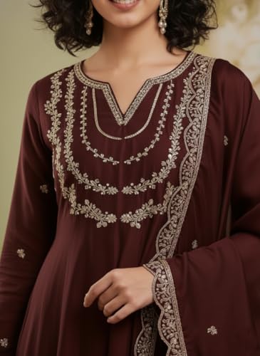 Image of Yashika Women's Silk Blend Embroidered Anarkali Kurta Set with Dupatta | Full Length Ethnic Wear for Women | Wedding