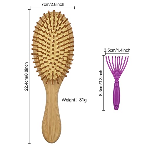 Firschoie Haarbürste Bambus 3er Set, Haarbürsten ohne Ziepen, mit kleinem Reinigungskamm, Antistatische Kopfhautmassage reduziert Frizz und Haarbruch, Geeignet für langes Haar, lockiges Haar, Spliss