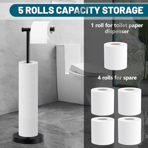 Toilet Paper Holder Stand, Toilet Paper Holder Free Standing with Stable Weighted Base, Rustproof Toilet Paper Stand Black, Large Capacity Free Standing Toilet Paper Roll Holder by Ahomxin - Image 2