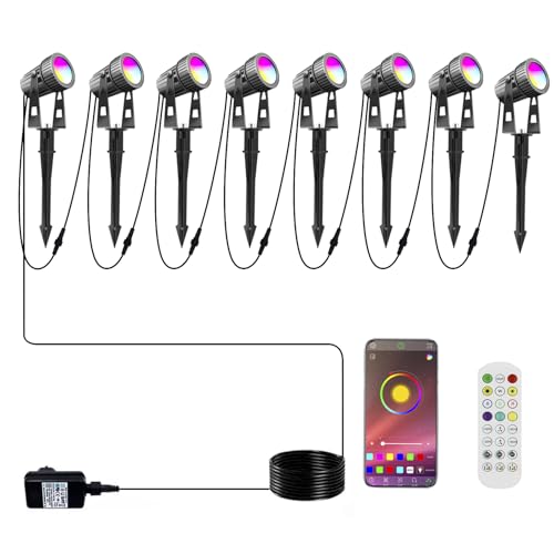 Arotelicht 8pcs Garden Spike Lights, IP65 Waterproof LED RGB+Warm White Color Changing COB Landscape Spotlight Mains Powered, Pathway Lights with Ground Spike, 2100LM for Outdoor Garden, Lawn