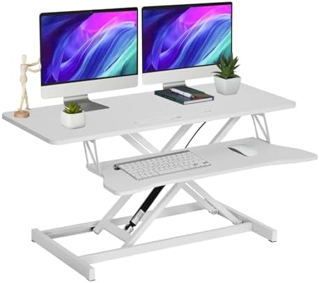 38-inch Standing Desk Converter Height Adjustable Sit to Stand Up Workstation, Duals Monitor and Laptop Riser with Wide Keyboard Tray, for Home, School, Company, White