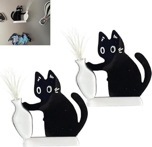 2 Pièces Aimant À Pousser pour Vase en Forme De Chat Noir | Vase À Moustaches De Chat avec Insert De Fleurs Et Détails Moustaches | pour Décoration D'intérieur