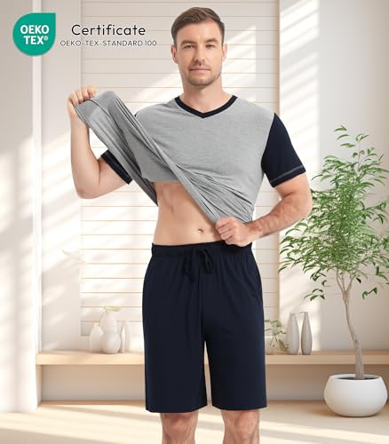 Image of NACHILA Men's Pajamas Set-Viscose Made from Bamboo, Short Sleeve Sleepwear with Shorts Cool Loungewear Soft Pjs
