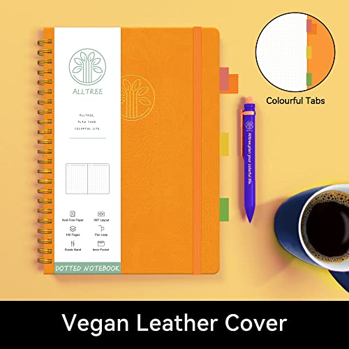 Spiral Dot Grid Notebook Journal, Spiral Bullet Notebook, Hardcover Dotted Paper Notebook, Medium A5, Alltree Twin Wire Spiral Bound Notebook With Date & Month Recording, Pen Loop, Pocket, Stickers, 160 Pages, Journal For Women & Men, Orange(6"X8.5") #TOP1