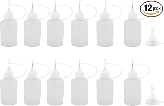 12 Pcs Precision Tip Applicator Bottles, 1 Ounce Translucent Glue Bottles, with 2 Mini Funnel for Paper Quilling DIY Craft, White Lids
