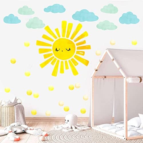 Watercolor Sun and Clouds Wall Decals Polka Dots Decal Clouds Wall Stickers Peel and Stick Sun Wall Stickers for Kids Nursery Bedroom Living Room Decor