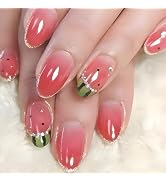 Watermelon French Tips Press on Nails Gold Glitter Stick on Nails Rhinestones Acrylic Fake Nails ...