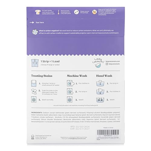 Lazy Coconuts Complete 5 Enzyme Laundry Detergent Strips - Unscented, 48 Loads - Sulfate Free Laundry Detergent With Solid And Liquid Enzymes - Fights Natural Stains and Odor