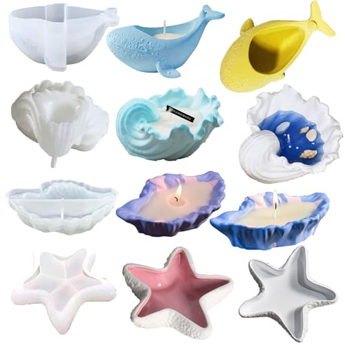 4PCS Starfish Tray Silicone Mold Candle Holder,Wave Shell,Large Conch,Whale Holder