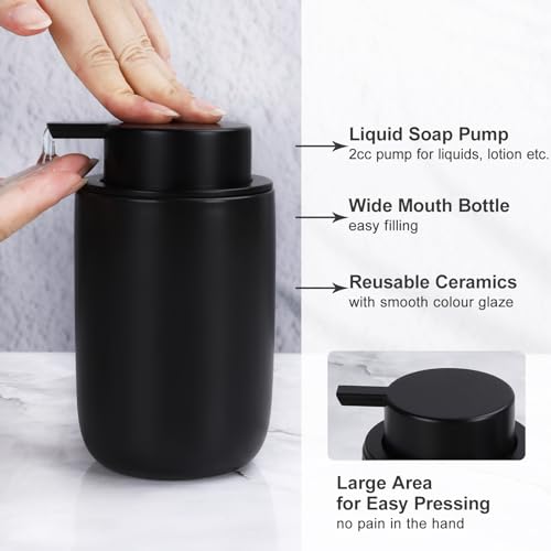Image of BosilunLife Black Ceramic Bathroom Accessories Set of 4 | Bathroom Decor Sets Accessories Bathroom Lotion Soap Dispenser and Toothbrush Holder Set, Soap Dish, Apothecary Jars.(Liquid)