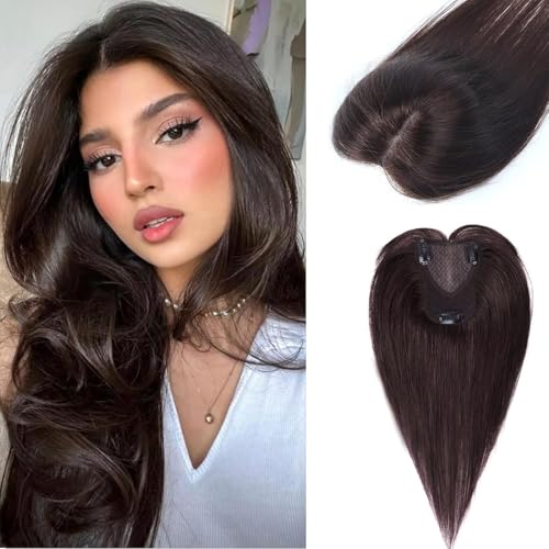 Hair Toppers for Women Real Human Hair 360° 3D Big Basement Hand-Tied Swiss Lace Base Hairpieces No Bangs Topper for Thinning Hair Dark Brown