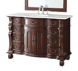 Benton Collection 50 Inch Hopkinton Bathroom Vanity with White Marble Stone Top, Wood Construction Cherry Brown Finish, Single Sink, 1 Cabinet, 8 Drawers, Antique Traditional Style