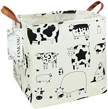 FANKANG Square Nursery Hamper Storage Bins Canvas Laundry Basket Foldable with Waterproof PE Coating Large Storage Baskets Gift Baskets for Children, Office, Bedroom, Clothes,Toys (Square Cows)