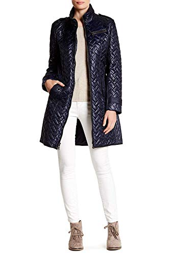 Cole Haan Womens Belted Signature Quilt Zip Front Coat with Trapunto Stitching Details (Dark Navy, Medium)