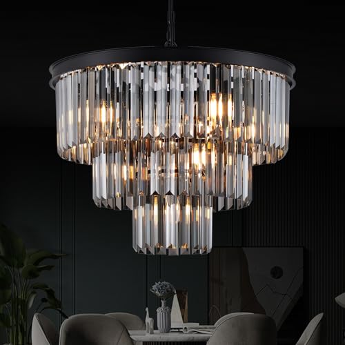 MERINEA Smoke Gray Crystal Chandeliers Black Round 20" Chandelier Modern