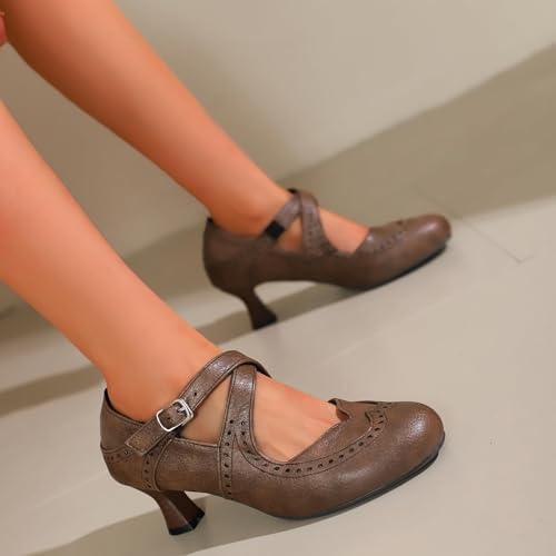 SACFOF Women's Mary Jane Low Kitten Heel Vintage Chunky Heels Ankle Strap Closed Round Toe Pumps Oxford Brogue Work Dress Shoes4
