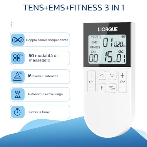 LIORQUE Elettrostimolatore Muscolare TENS/EMS/FITNESS 3 in 1, 50 modalità, 10 pezzi di elettrodi TENS, 16 livelli di intensità per alleviare il dolore - 2