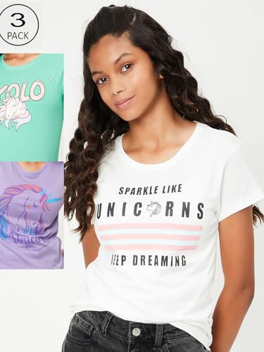 Image of Max Girl's Cotton Regular Fit Graphic Printed T-Shirt - Pack of 3