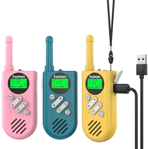 Inspireyes Walkie Talkie Kinder Aufladbar Geschenk Jungen Mädchen 3er Set | 48 Std Akkulaufzeit, VOX, Taschenlampe, Camping, Wandern, Outdoor, Geschenk für Jungen & Mädchen