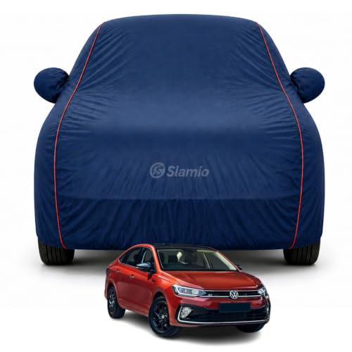 Image of 100% Waterproof Car Cover for Volkswagen Virtus 2022-2026 | Heavy-Duty 3-Layer | All-Weather Rain, | Custom Fit with Mirror & Antenna Pockets | Soft Inner Lining, Adjustable Belt | Navy Blue