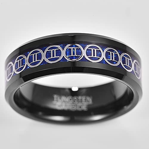 Corato Mens Wedding Ring 8Mm Silver Gemini Black Tungsten Carbide Ring Inlaid With Blue Carbon Fiber Size 8 #TOP4