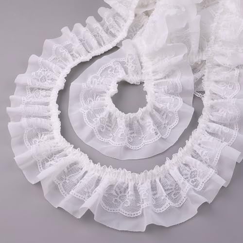 GXTIZAS White Lace Ruffle Ribbon, Double Layer Pleated Chiffon Lace Trim, 6cm Wide Elastic Decorative Lace Edge for Sewing, Clothing, Pillowcase & DIY Craft Decoration (Perfect for 10-15 Projects)