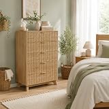 HYNHXBP Cómoda Alta de Madera Natural con 5 Cajones, 108 x 73 x 40 cm