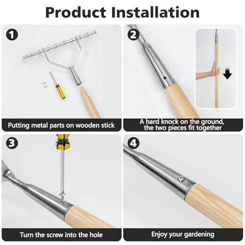 Berry&Bird 58.3\" Long Handle Thatch Rake, 10 Tines Garden Dethatcher Lawn Rake, Heavy Duty Stainless Steel Aerator Cutter Rake with Hardwood Handle, 14.6\" Wide Dethatching Rake for Garden, Lawn, Yard