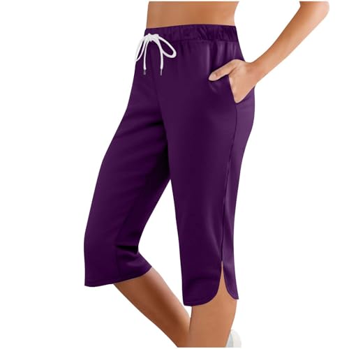 lozssnigzi Caprihose Damen, Sommer Caprihose Stretch 3/4 Yogahose Weites Bein Dreiviertel Freizeithose mit Kordelzug und Taschen Trainingshose Baumwolle Laufhose mit Gummizug Sporthose Jogginghose