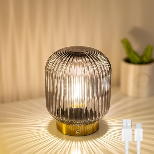 MJ PREMIER wiederaufladbare Tischlampe, graue Glaslampe mit Speicherfunktion, kleine kabellose LED-Lampe mit dimmbarer Helligkeit, dekorative Touch-Lampen für Schlafzimmer Wohnzimmer (grau)
