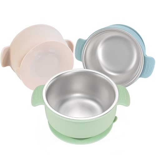Bella's Friends Stainless Steel and Silicone Baby Bowls with Suction 3 Pack, 4.3” for Toddlers Kids Feeding, Non-Slip, Non-Toxic, Mess-Free, Dishwasher Safe, Fit High Chair Size, beige green blue