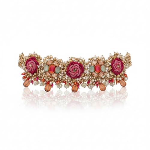 Image of SANJOYA BY EVERSTYLISH Gulratna Jewel Of Roses Handcrafted Rose Choker With Beaded Fringes, Pearls And Gem Details Lightweight Jewelry For Women | Party, Festive, Wedding & Gifting