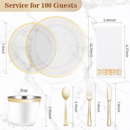 BESTVIP 700PCS Clear Gold Disposable Dinnerware Set for 100 Guests, Plastic Plates for Party, Wedding, Christmas, Include: 200 Plastic Plates, 100 Gold Silverware, 100 Cups, 100 Napkins