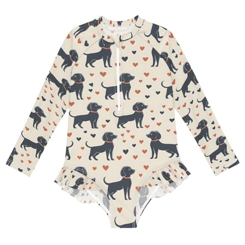 ALAZA Black Puppy Dog Love Heart Girls One Piece Swimsuit Long Sleeve Rash Guard Swimsuits UV 50+ Swimwear Zipper